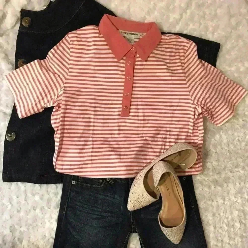 Cathy Daniel’s Women’s Salmon &‎ White Striped Polo Shirt